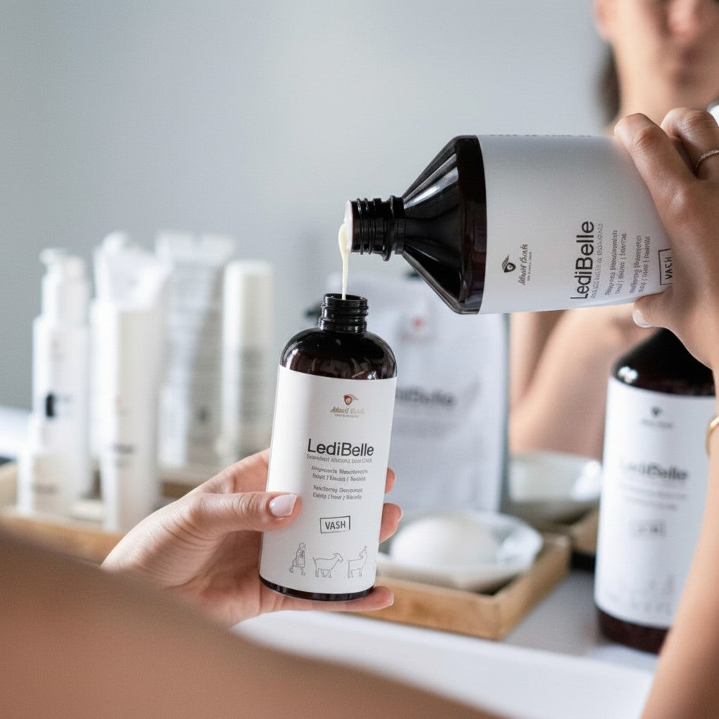 Evidfit LediBelle 3-in-1 nourishing wash for body, hair, and hands, pouring from a large bottle into a smaller one.