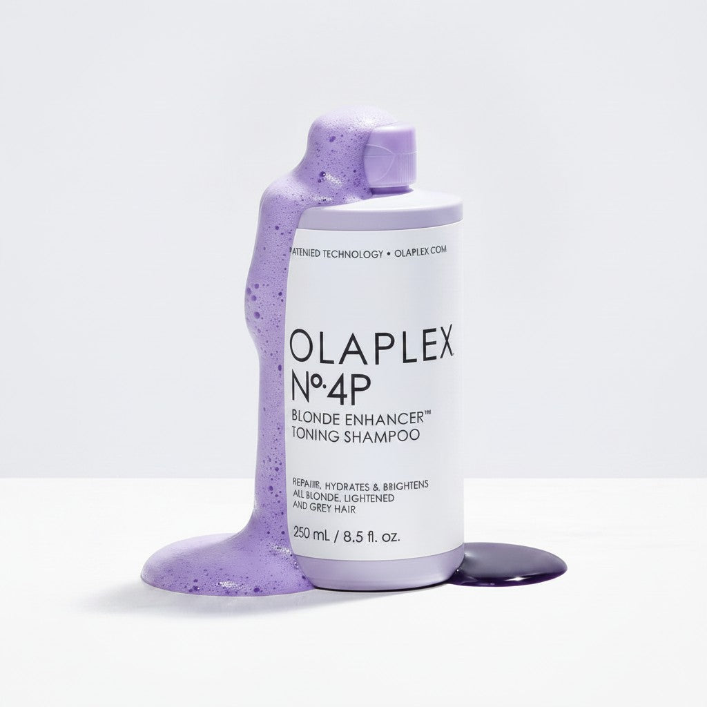 Evidfit OLAPLEX No.4P Blonde Enhancer Toning Shampoo 250ml bottle with purple foam cascading down.